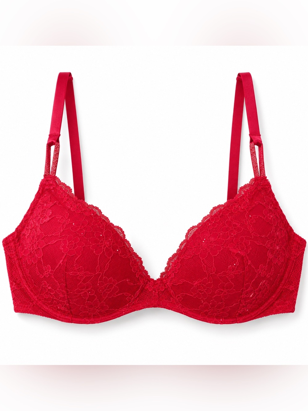 Victoria’s Secret Red Lace Padded Plunge Bra Rhinestone Detail 32B